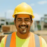 A man wearing a yellow hard hat, neon safety vest, and yellow shirt smiles at a construction site under a blue sky.