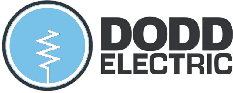 Logo for Dodd Electric featuring a blue circle with a white zigzag line next to the company name in bold black letters.