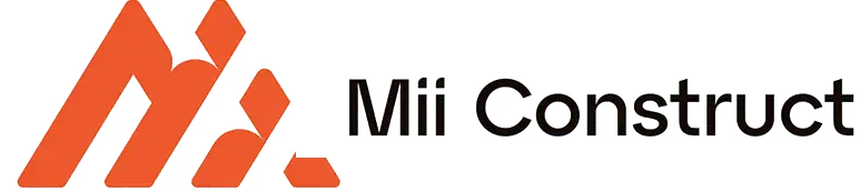 Logo for Mii Construct featuring an abstract orange geometric design to the left of the company name in black text on a white background.