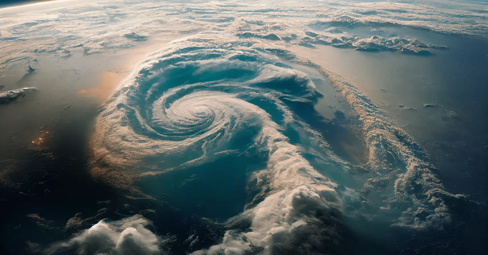 A large, swirling cyclone or hurricane seen from above, with dense clouds spiraling over an expanse of ocean.