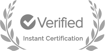 A grey badge with a check mark and the word "Verified" above the text "Instant Certification," flanked by laurel branches.