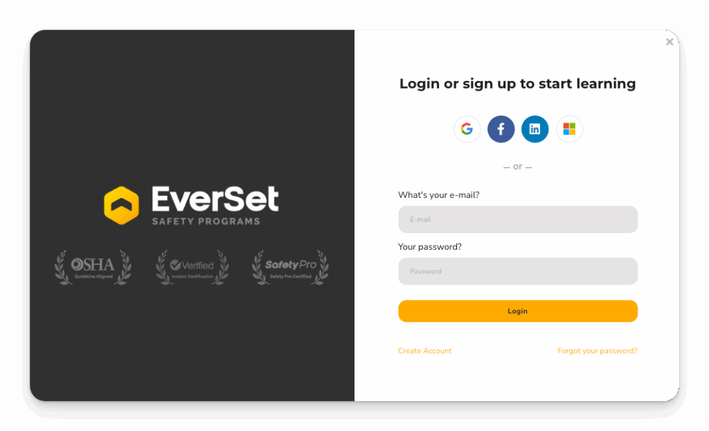 EverSet Safety Programs login page featuring e-mail and password fields, social sign-in options, and links to create an account or reset password.