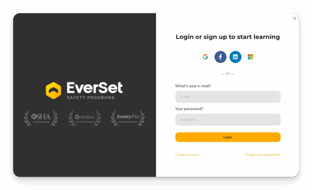 EverSet Safety Programs login page featuring e-mail and password fields, social sign-in options, and links to create an account or reset password.