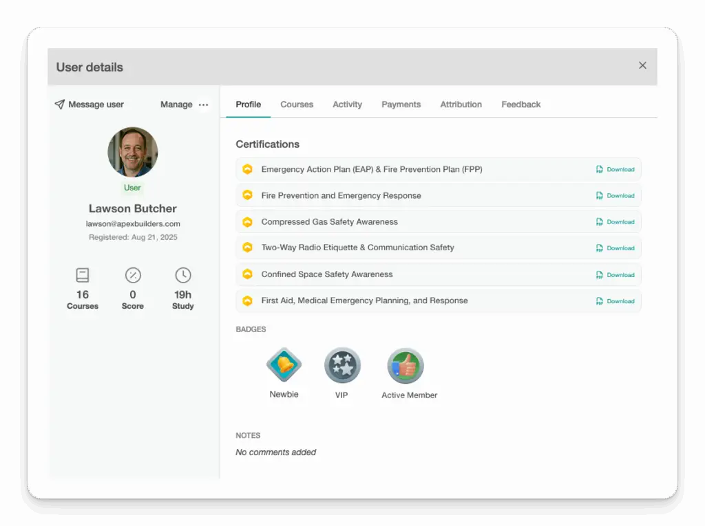 User profile page showing Lawson Butcher’s certifications, badges, and course stats. Certifications listed with download buttons; three badges displayed below.