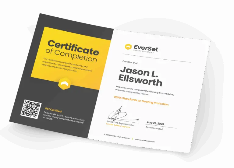 A Certificate of Completion awarded to Jason L. Ellsworth for finishing the EverSet Safety Program on OSHA Standards on Hearing Protection, dated Aug 22, 2025.