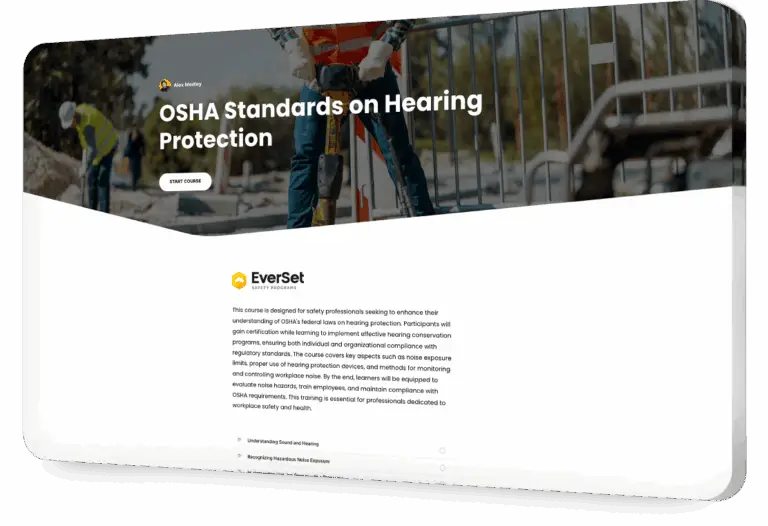 A computer screen displays an online course titled "OSHA Standards on Hearing Protection" with a background image of a construction worker and safety barriers.