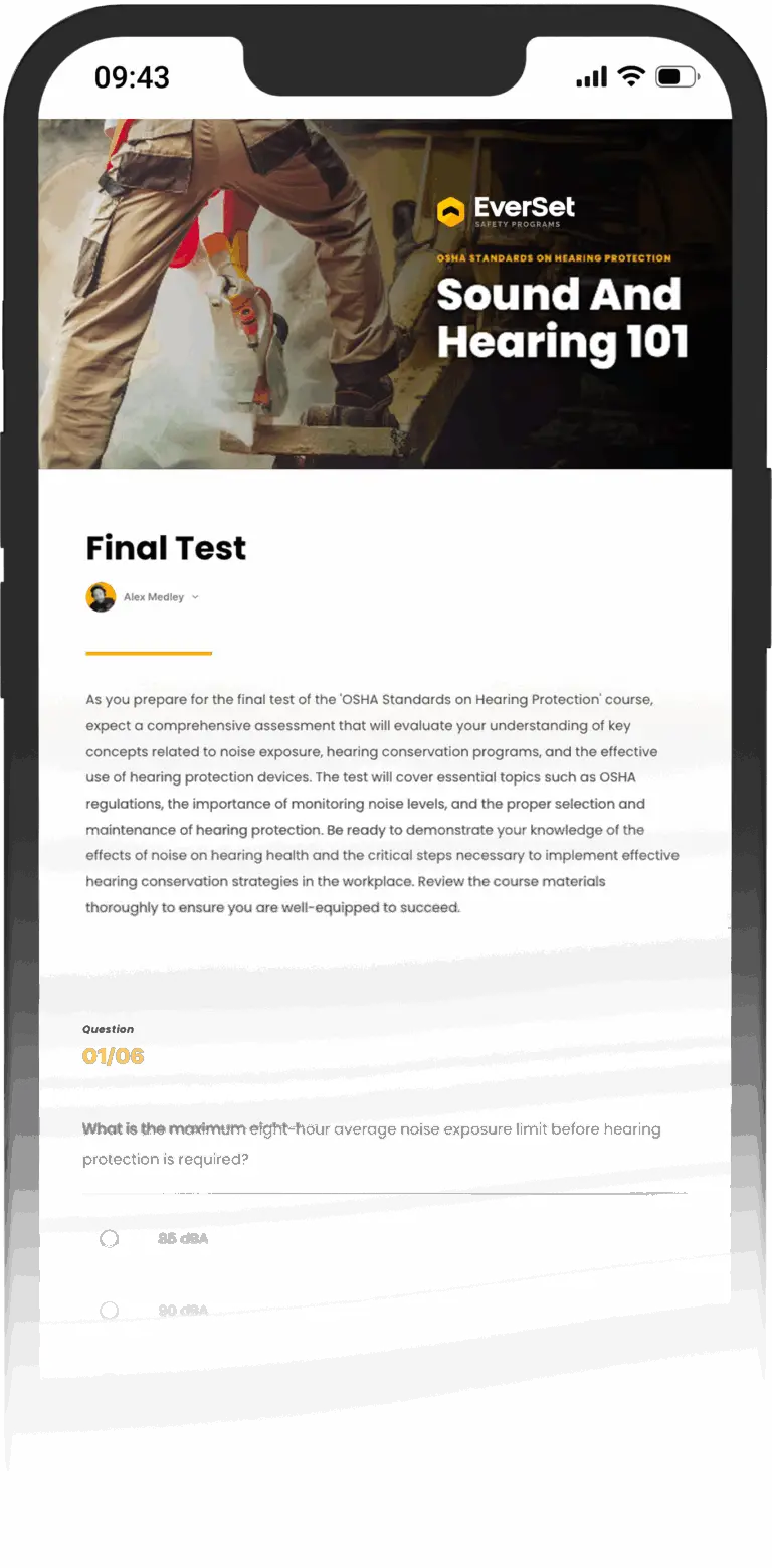 A mobile phone screen displays an online course titled "Sound And Hearing 101." The screen shows the "Final Test" section with a hearing protection question.
