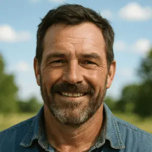 A middle-aged man with a beard and short hair smiles outdoors, wearing a denim shirt. The background shows greenery and a blue sky with clouds.